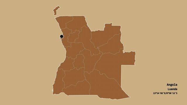 Zaire, province of Angola, with its capital, localized, outlined and zoomed with informative overlays on a solid patterned map in the Stereographic projection. Animation 3D