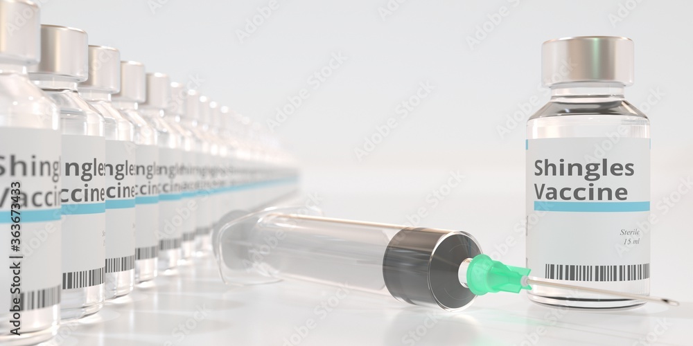 Aufkleber vials with shingles vaccine and a syringe. 3d rendering