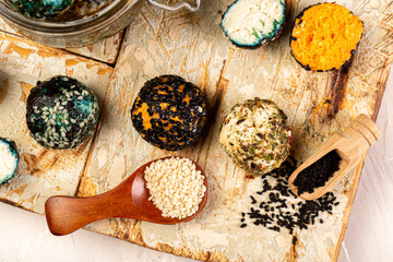 Organic farm dairy products, cheeses. goat cheese. Set of farm dairy produce cottage cheese. Eco friendly shopping. The concept of eco products. Copy space