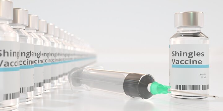 Vials with shingles vaccine and a syringe. 3D rendering