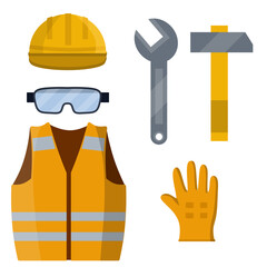 Set of clothes Builder and worker. Cartoon flat illustration. Orange vest, helmet, glasses, gloves, hammer, wrench. Repair and maintenance. Safety and tools