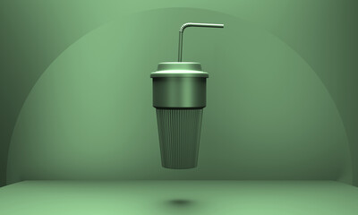 3d cup latte with straw on white background