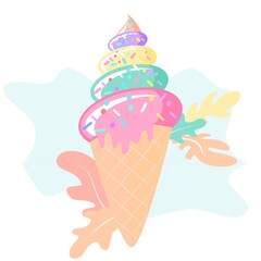 Vector flat illustration of ice cream. Ice cream cone flat style. Hand drawn art ice cream design for poster. Sweet dessert pastry vector illustration.