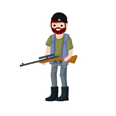 Man hunter with gun. Guy with rifle. Shooter and weapon. Cartoon flat illustration. Equipment for hunting animals