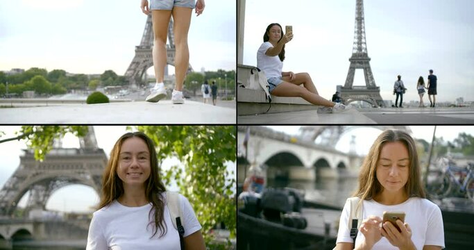 a collage of four videos. a woman in a white t-shirt and shorts and with long dark hair walks around the city, smiles, takes selfies, checks her phone