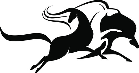 Troika. Three horses in traditional Russian harness driving combination. Black and white stylized silhouettes for logo, emblem