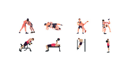 Man workout illustration set, gym, karate, wrestling illustration set