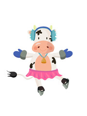 Cartoon bull girl wearing earmuffs, skirt and mittens and skating. Vector illustration.