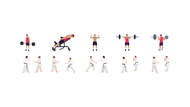 workout illustration set, gym, karate, wrestling illustration set
