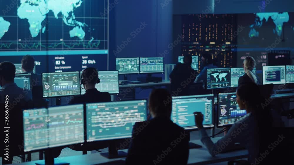 Poster Team of Professional Computer Data Science Engineers Work on Desktops with Screens Showing Charts, Graphs, Infographics, Technical Neural Network Data and Statistics. Dark Control and Monitoring Room.