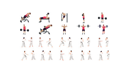 workout illustration set, gym, karate, wrestling illustration set