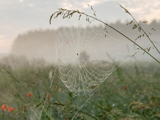 Dew covered spiderweb in meadow early summer morning with fog