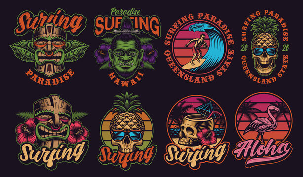 Set of colorful Hawaii surfing illustrations. These vectors are perfect for logos, shirt prints, and many other uses as well.