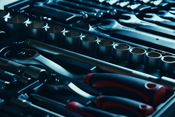 Kit with ratchet handle and sockets, tools for repairing car in case