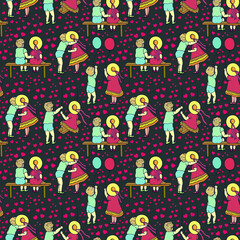 Fototapeta premium Seamless pattern of Cartoon children, boy and girl. different plots. eps10 vector stock illustration