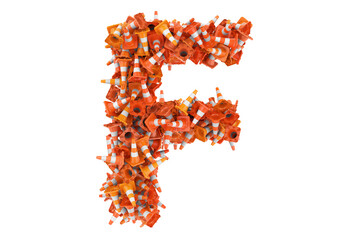 Letter F from traffic cones, 3D rendering