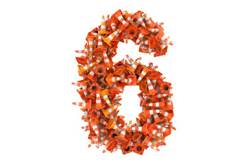 Number 6 from traffic cones, 3D rendering