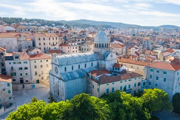 Aerial view of the city of Sibenik in the summer morning, Croatia