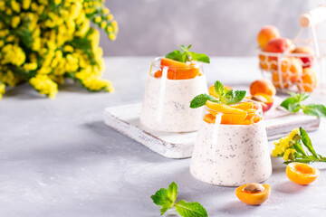 Chia seeds pudding with fruit in a glass on a light concrete background. Healthy Eating. Breakfast. Copy space