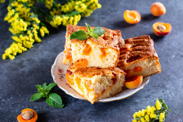 Homemade sponge cake with apricots in a plate