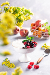 Bowl of fresh mixed berries and yogurt with farm fresh raspberries, blackberries and mint