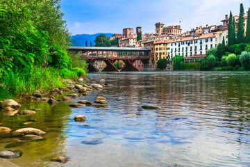 Beautiful medieval towns of Italy -picturesque  Bassano del Grappa with famous bridge,  Vicenza province,  region of Veneto