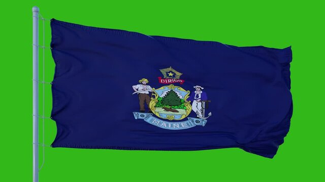 State flag of Maine waving in the wind against green screen background