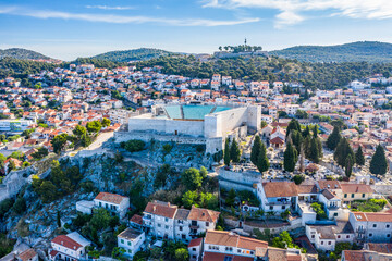Fototapeta premium Aerial view of the city of Sibenik in the summer morning, Croatia