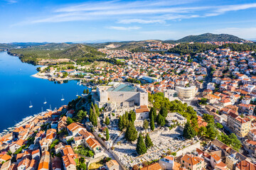 Fototapeta na wymiar Aerial view of the city of Sibenik in the summer morning, Croatia