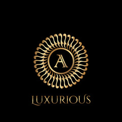 Circle luxury logo with letter A and symmetric swirl shape vector design logo