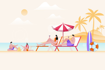 Happy Family Summer Vacation - Flat Vector Illustration