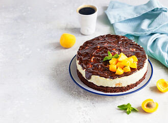 Delicious no baked cheesecake with fresh apricots, chocolate glaze and mint. Light grey stone background.