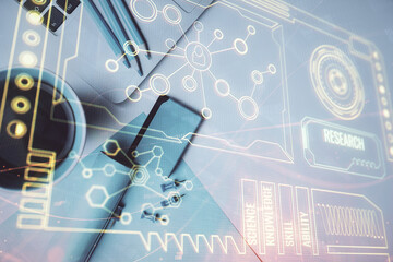 Multi exposure of data drawing hologram over topview of study desk background with computer. Concept of technology.