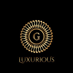 Circle luxury logo with letter G and symmetric swirl shape vector design logo