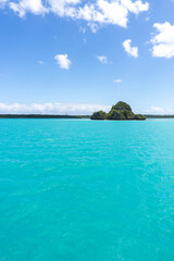 Beautiful seascape of Upi Bay, Pines Island, new caledonia: turquoise lagoon, lush vegetation, blue sky. Portrait format