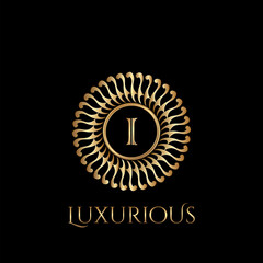 Circle luxury logo with letter I and symmetric swirl shape vector design logo