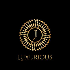 Circle luxury logo with letter J and symmetric swirl shape vector design logo