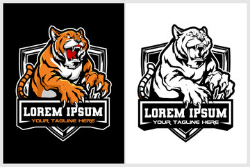 aggressive and angry tiger cartoon character vector badge logo template