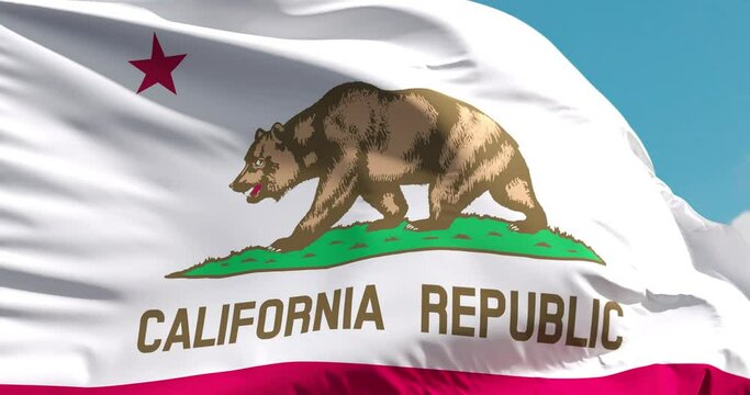 California flag on a flagpole waving in the wind in the sky. Wonderful intro for yor projects. State of California in The United States of America.