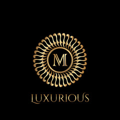Fototapeta na wymiar Circle luxury logo with letter M and symmetric swirl shape vector design logo