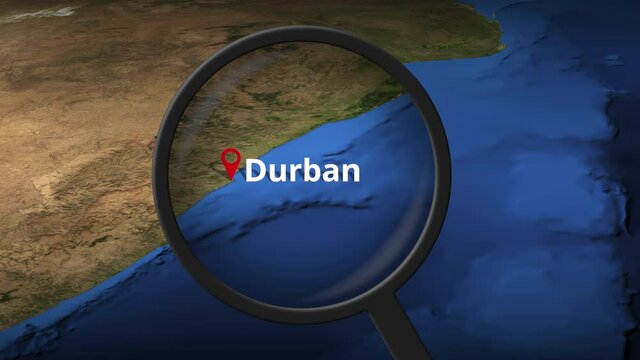 Loupe finds Durban city on the map, 3d rendering