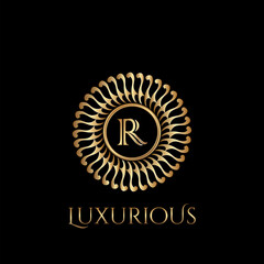 Circle luxury logo with letter R and symmetric swirl shape vector design logo