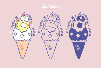 Summer illustration with ice cream for football, contour. Print for a children's T-shirt, poster, postcard. Cute illustration with a soccer ball and lettering.