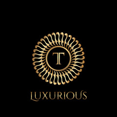 Circle luxury logo with letter T and symmetric swirl shape vector design logo