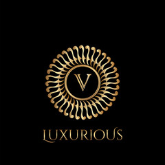 Circle luxury logo with letter V and symmetric swirl shape vector design logo