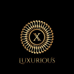 Circle luxury logo with letter X and symmetric swirl shape vector design logo