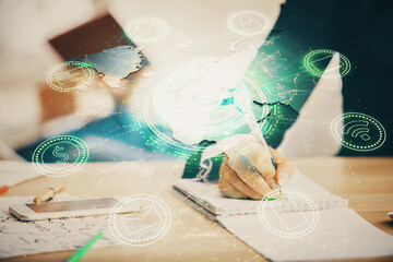 Double exposure of social network theme drawing over people taking notes background. Concept of...
