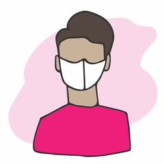 Male person wearing protective face mask. Prevention of coronavirus. Hand drawn vector illustration in flat cartoon style. Man in face mask in quarantine. Linear sketch. 
