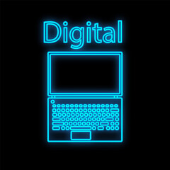 Bright luminous blue digital neon sign for a store or workshop service center beautiful shiny with a modern compact laptop computer laptop on a black background. Vector illustration
