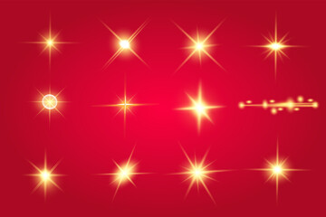 Lights sparkles isolated. Vector illustration of yellow glowing lens flares and sparks, red background.